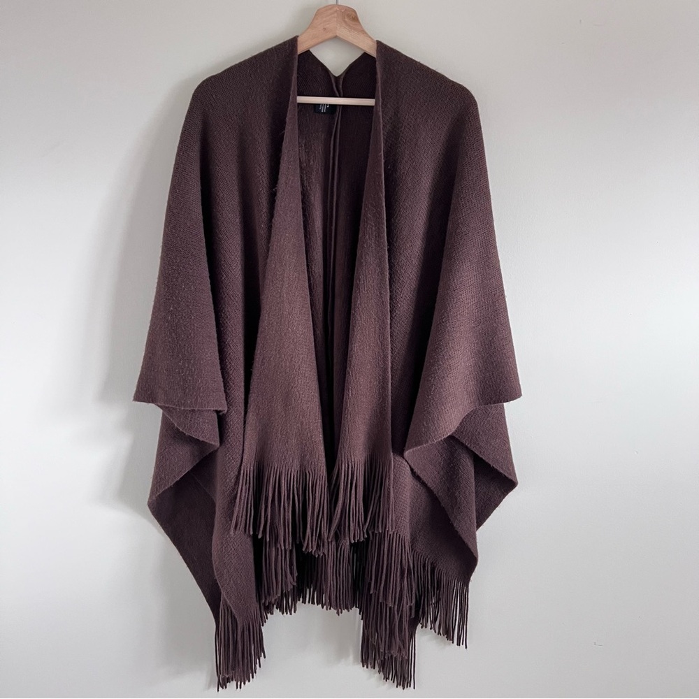 Chocolate Brown Fringed Ruana Wrap One size Fits most Poncho Knit